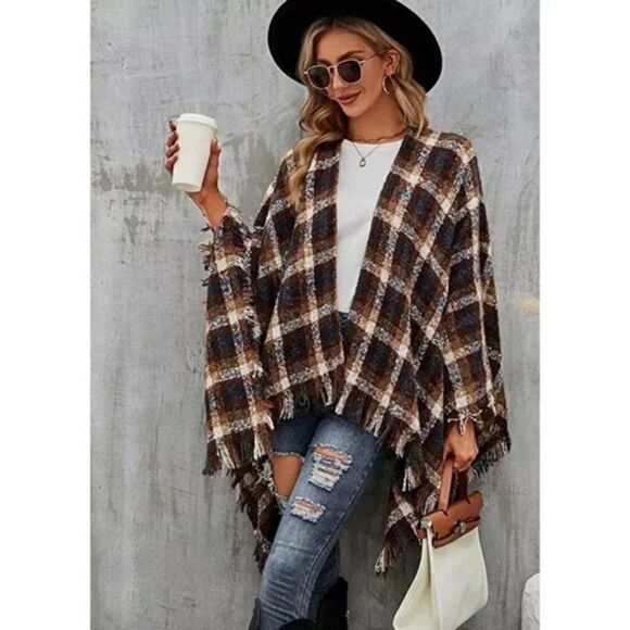 Brown Plaid Checker Print Knit Tassel Poncho Fringed Shawl Pashmina Wrap Sweater - Picture 3 of 6